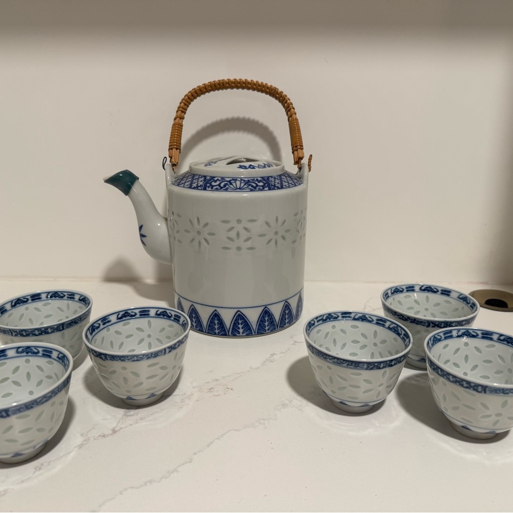 Vintage Blue and White Rice Grain Porcelain Tea Set